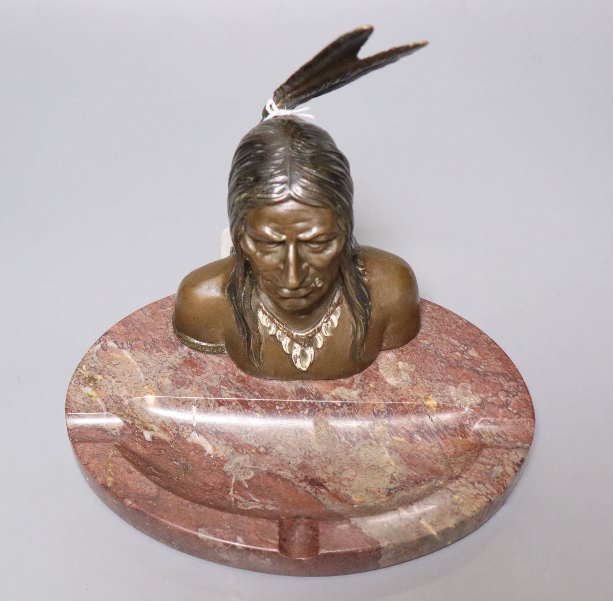 A bronze and marble Native American desk stand, height 19.5cm
